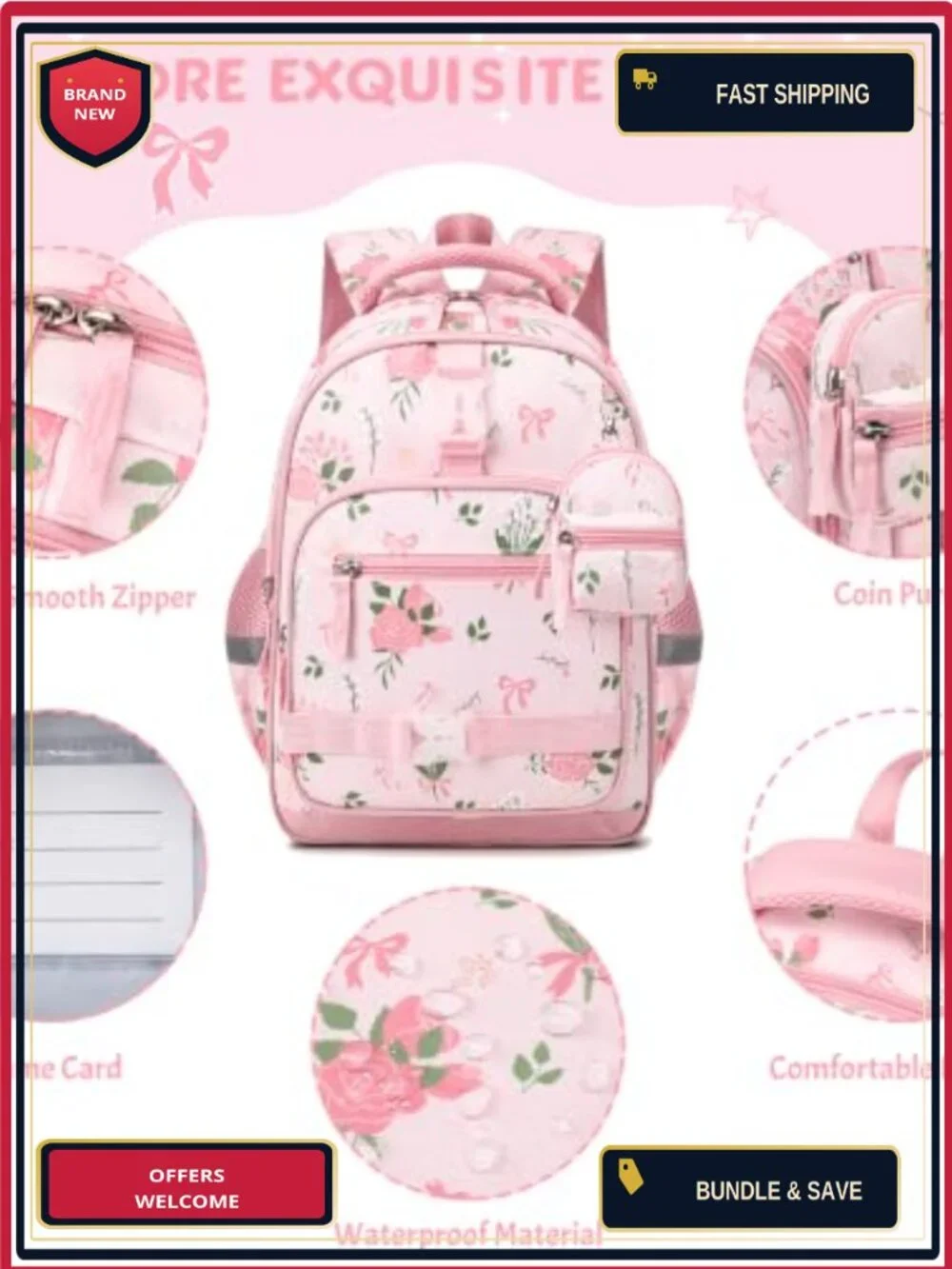 Girls Backpack Set with Headphones Lunch Bag Pencil Case Luminous